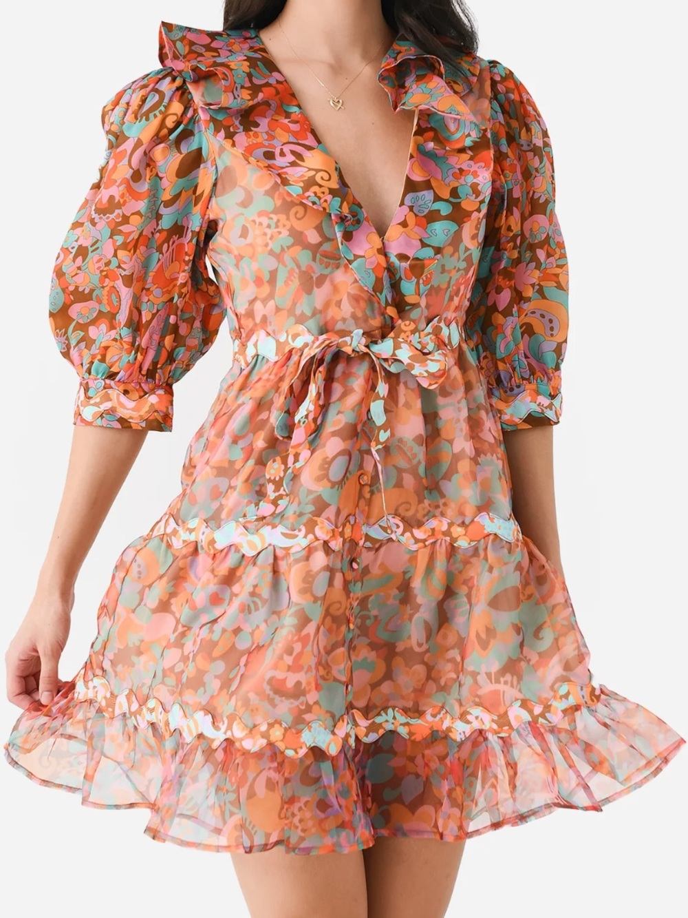 Celia B Sinai Ruffled V-Neck Tie Waist Floral Silk Blend Mini Dress Size S
